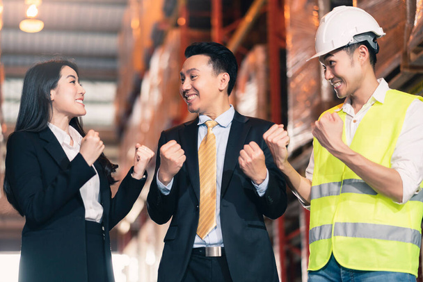 successful business achievement satisfaction of asian businessman and woman with supervisor engineer happiness  hand rise up together smile and cheerful - Zdjęcie, obraz