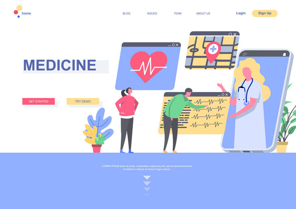 Medicine flat landing page template. Cardiology practice, doctor online consultation by smartphone situation. Web page with people characters. Diagnosis and treatment in clinic vector illustration. - Vector, Image