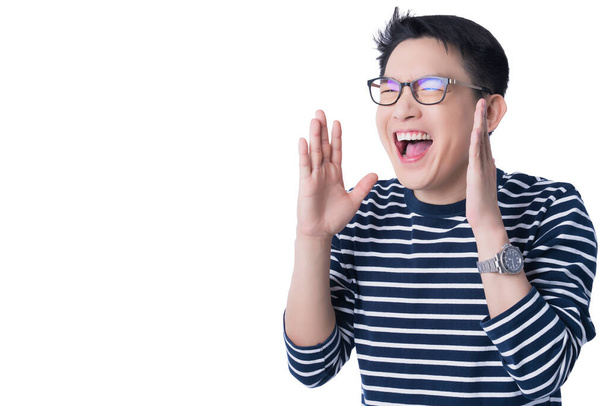 young attractive asian male hand gesture shout loud exited expression japanese man tell new promotion with wow experience positive emotion white background - Foto, Imagem