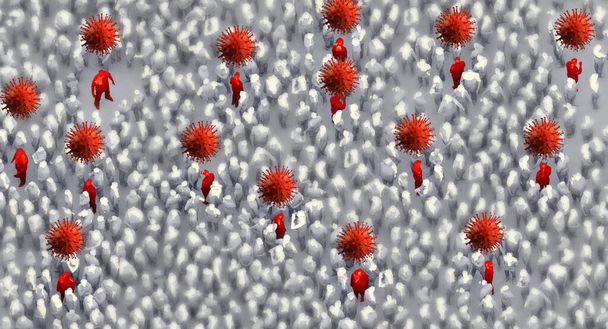 3D ilustrace davu lidí infikovaných covid-19 koronavirus šíří od spreder, kteří přenášejí covid virus sám a zůstat ve veřejné skupině zdravých lidí zdraví myšlenky koncept - Fotografie, Obrázek