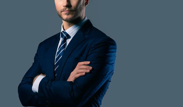elegance caucasian Successful businessman  with beard close up wear formal suit tie grey background - Zdjęcie, obraz