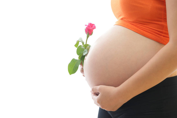 Schwangere Frauen, dicker Bauch kurz vor der Geburt, sie ist gesund und hält rote Rosen in der Hand. Weißer Hintergrund. Mutter-Kind-Betreuungskonzept - Foto, Bild