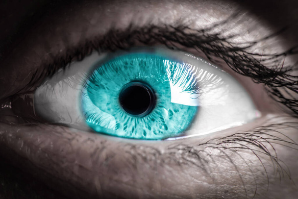 female blue eye close-up. Blue human eye macro shot - Foto, afbeelding
