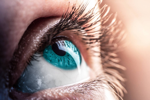 female blue eye close-up. Blue human eye macro shot - Zdjęcie, obraz