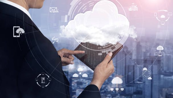 Cloud τεχνολογία υπολογιστών και σε απευθείας σύνδεση αποθήκευση δεδομένων για την έννοια του επιχειρηματικού δικτύου. Ο υπολογιστής συνδέεται με την υπηρεσία διακομιστή Διαδικτύου για τη μεταφορά δεδομένων σύννεφο παρουσιάζεται σε 3D φουτουριστικό γραφικό περιβάλλον. - Φωτογραφία, εικόνα