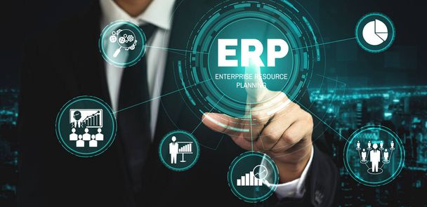 Enterprise Resource Management ERP ohjelmisto järjestelmä liiketoiminnan resursseja suunnitelma esitetään moderni graafinen käyttöliittymä osoittaa tulevaisuuden teknologiaa hallita yrityksen resurssi. - Valokuva, kuva