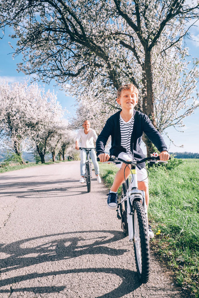 Father with son ride a bicycles on country road under the blossom trees at spring time - 写真・画像