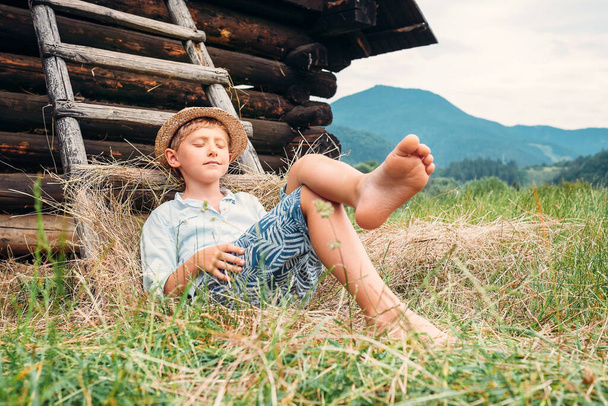 Boy in straw hat lies in hay near the barn - 写真・画像