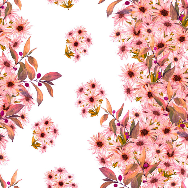 Florales nahtloses Muster mit schön blühenden Kamillen. Aquarell-Blumenmuster. Sommer-Grußkarte.  - Foto, Bild