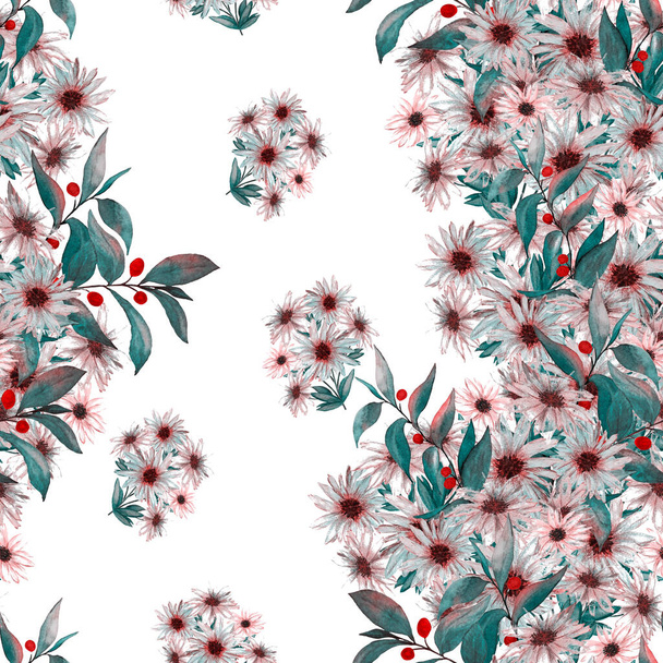 Floral seamless pattern with beautiful blooming camomiles. Watercolor flower print. Summer greeting card.  - Foto, imagen