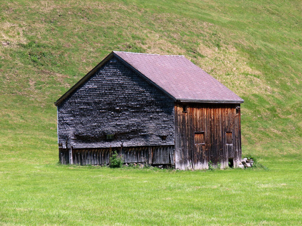 Hagyományos vidéki építészet és családi állattenyésztő gazdaságok az Alpstein-hegység lejtőin és az Obertoggenburg régióban, Unterwasser - St. Gallen kanton, Svájc (Schweiz) - Fotó, kép
