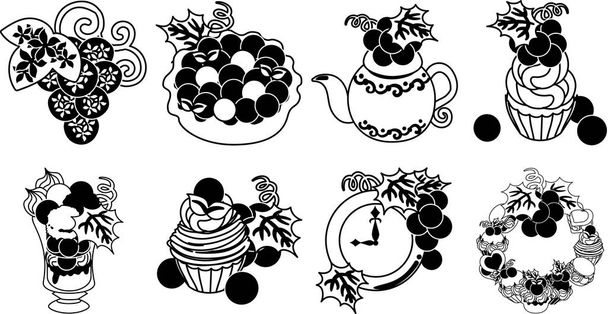 Пиріг і пиріг, і кекс, і парфайт, і Мон Блан і чайник, і годинник і художній об'єкт і вінок винограду - Вектор, зображення