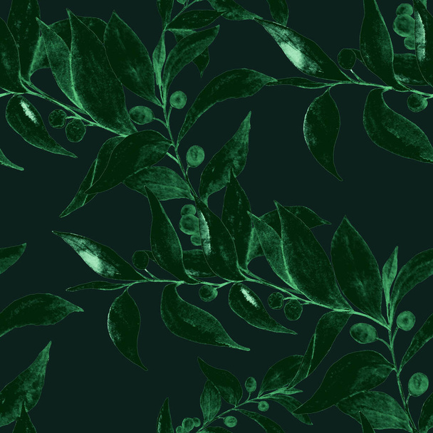 Watercolor seamless pattern with green branches. Monochrome summer or spring print for any purposes. Vintage natural pattern. Organic background. - Foto, afbeelding