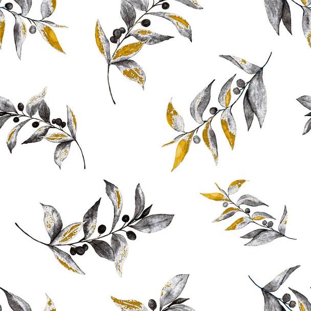 Watercolor seamless pattern with green branches. Golden summer or spring print for any purposes. Vintage natural pattern. Organic background. - Photo, Image