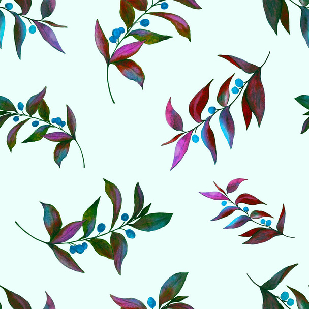 Watercolor seamless pattern with green branches. Bright summer or spring print for any purposes. Vintage natural pattern. Organic background. - 写真・画像