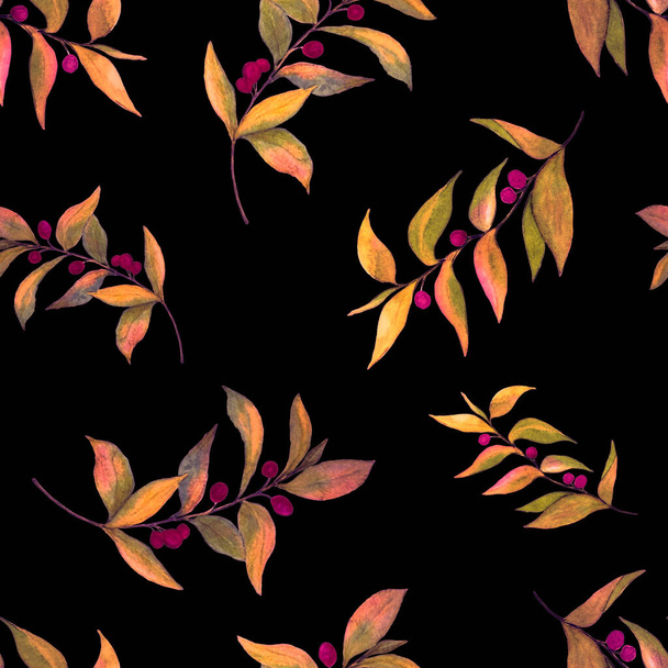 Watercolor seamless pattern with green branches on black. Bright summer or spring print for any purposes. Vintage natural pattern. Organic background. - Foto, immagini