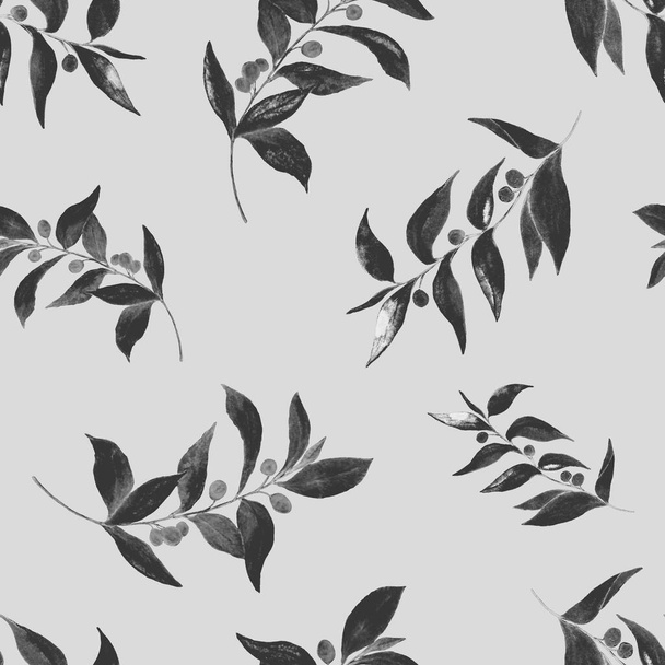 Watercolor seamless pattern with green branches. Monochrome summer or spring print for any purposes. Vintage natural pattern. Organic background. - Foto, imagen