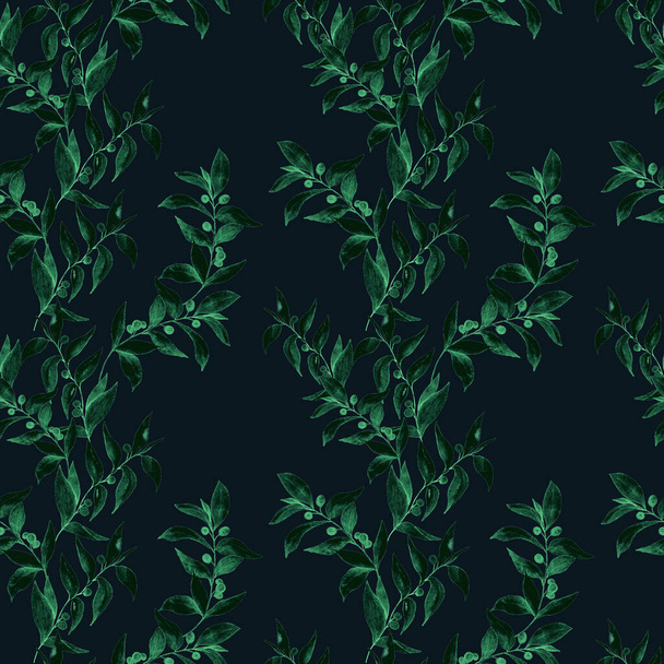 Watercolor seamless pattern with green branches. Monochrome summer or spring print for any purposes. Vintage natural pattern. Organic background. - 写真・画像