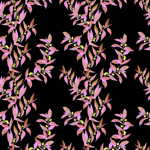 Watercolor seamless pattern with green branches on black. Bright summer or spring print for any purposes. Vintage natural pattern. Organic background. - Photo, image