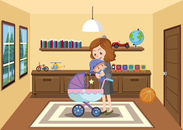 Matka vezme své dítě z kočárku v domě kreslený styl ilustrace - Vektor, obrázek