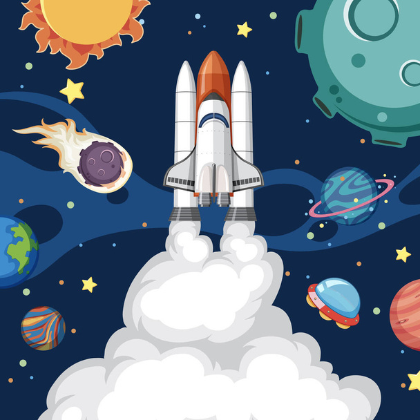 Space ship with space objects in the space illustration - Vector, Image