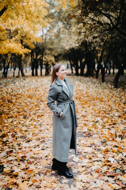 Young woman in a gray coat walking in autumn forest  - Fotoğraf, Görsel