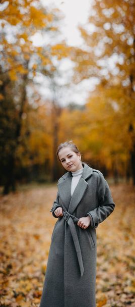 Young woman in a gray coat walking in autumn forest  - Zdjęcie, obraz
