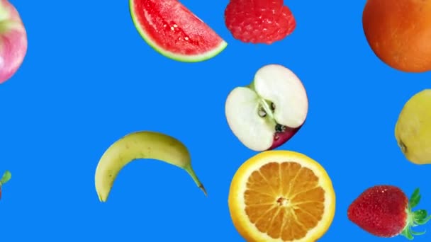 Animation réaliste de fruits sur fond chromé modifiable à l'écran bleu, boucle transparente - Séquence, vidéo