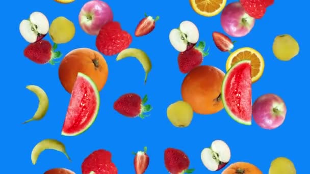 Ρεαλιστικά κινούμενα σχέδια φρούτων σε μπλε οθόνη επεξεργάσιμο χρωματικό βασικό υπόβαθρο, αδιάλειπτη βρόχο - Πλάνα, βίντεο