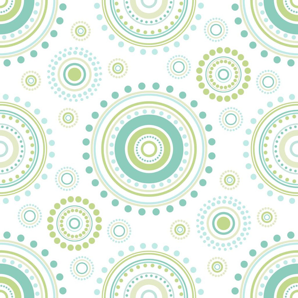 Seamless abstract pattern of circles and dots of green and turquoise colors. Kaleidoscope background. Decorative wallpaper, good for printing. Vector illustration. Ethnic style - Vector, imagen