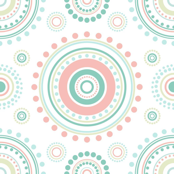 Seamless abstract pattern of circles and dots of pink and turquoise colors. Kaleidoscope background. Decorative wallpaper, good for printing. Vector illustration. Ethnic style - Vector, imagen