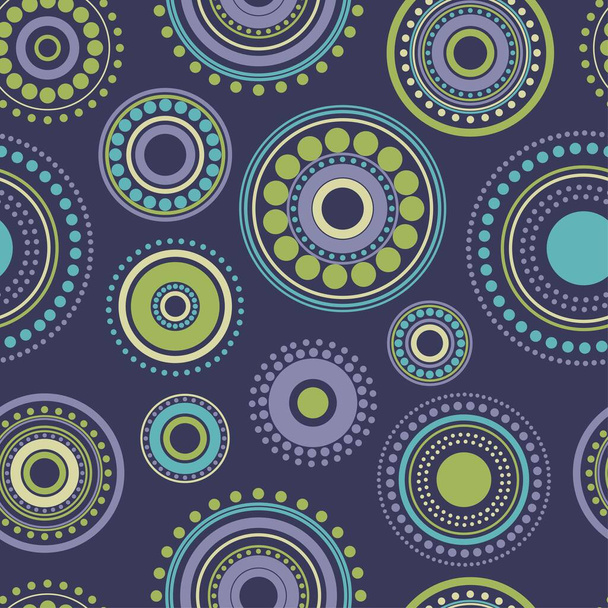 Seamless abstract pattern green, yellow and turquoise circles and dots on dark blue. Kaleidoscope background. Mandala wallpaper, good for printing. Vector illustration. Ethnic style. - Vector, imagen
