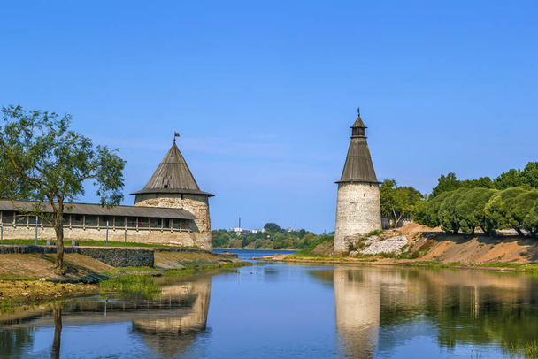 Tall and Flat Towers in Pskov Krom (Kremlin), Russia, View from Pskova river - Photo, Image