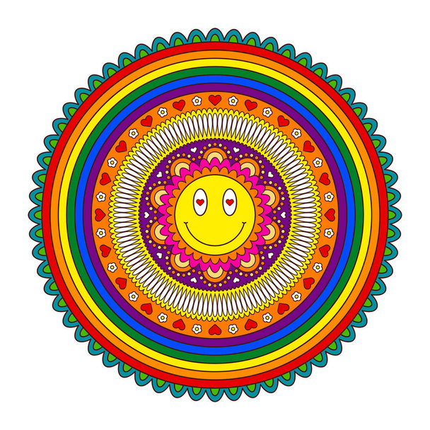Hippie-Symbol mit Lächeln. Ethnischer Stammesabdruck. Festlicher, farbenfroher Mandala-Druck. - Vektor, Bild