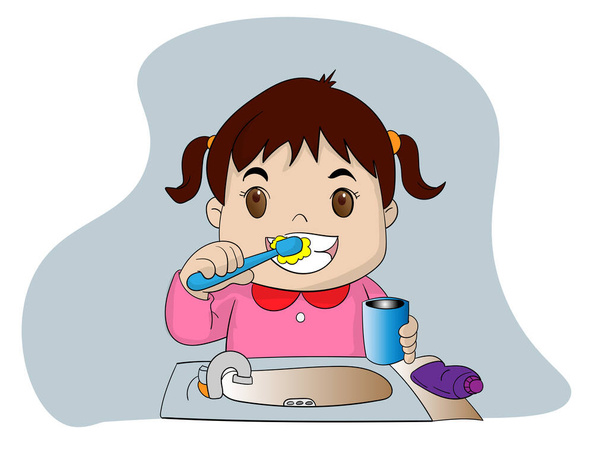 Mavi diş fırçasıyla dişlerini fırçalayan küçük bir kız. Çizgi film görüntüsü. - Vektör, Görsel