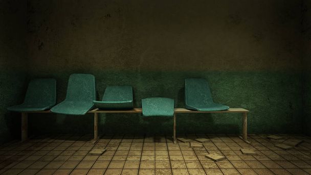 Spaventoso e inquietante sedile in attesa di fronte alla sala esami in ospedale.rendering 3D - Foto, immagini