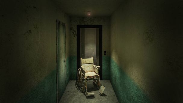 Horror und gruseliger Aufzug mit Rollstuhl im Krankenhaus .3D-Rendering - Foto, Bild