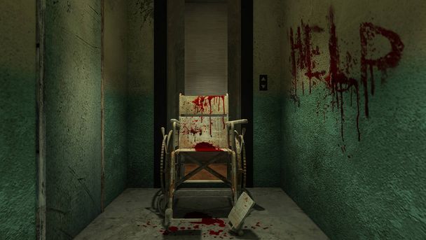 horror en griezelige lift met rolstoel in het ziekenhuis en helpen bloed.3D rendering - Foto, afbeelding