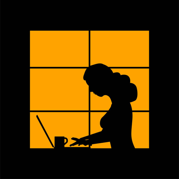 Kobieta pracuje z laptopem późno w nocy. Ilustracja koncepcji wektora. - Wektor, obraz