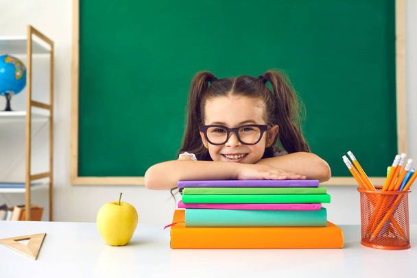 Funny little schoolgirl in glasses sitting in a lesson in class in school. - Fotografie, Obrázek