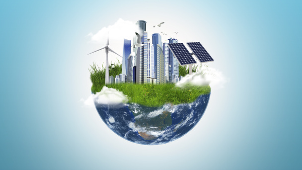 Future earth concept, clean earth with green areas, windmill, solar cells and industrial buildings, sustainable development - Photo, Image