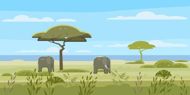 Αφρικανικό τοπίο, σαβάνα, άγριο κοπάδι ελεφάντων, πανόραμα, φύση, δέντρα, άγρια φύση. Σύγχρονη επίπεδη γελοιογραφία, διανυσματική απεικόνιση απομονωμένη - Διάνυσμα, εικόνα