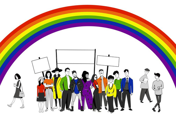  Ludzie stojący razem na tle tęczy. Społeczność LGBT. - Wektor, obraz