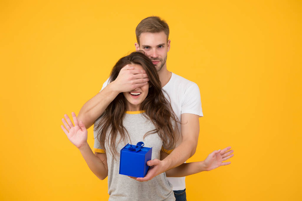 Blind surprise. Special day. Happiness is real. Happy birthday. Man give box to birthday girl. Birthday anniversary. Couple in love. Holiday celebration. Shopping birthday gift. Present shopping - Foto, Imagem