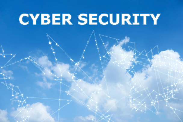 Blue sky with clouds, scheme and text Cyber Security - Photo, Image