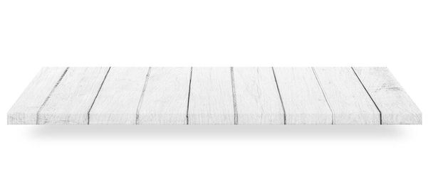 Puinen valkoinen pöytälevy tai puinen hylly eristetty valkoisella taustalla. Objekti leikkauspolulla. - Valokuva, kuva