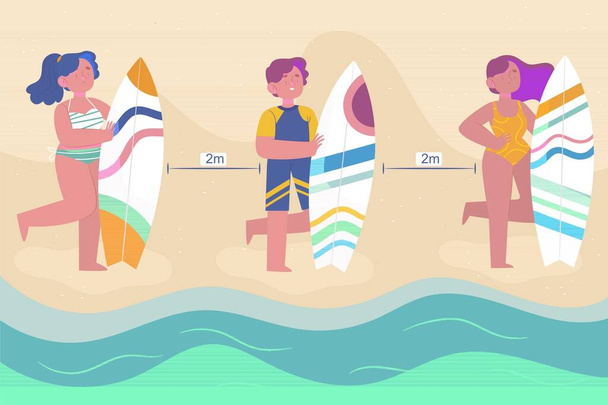 男の子と女の子はサーフィンボートでビーチに立って、 COVID-19ウイルスを防ぐために社会的距離を保ちます - ベクター画像