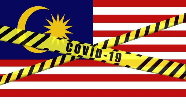 COVID-19 предупреждает черно-желтую ленту на иллюстрации MALAYSIA FLAG, зону опасности коронавируса, сдерживание Малайзии, карантинную страну
 - Фото, изображение