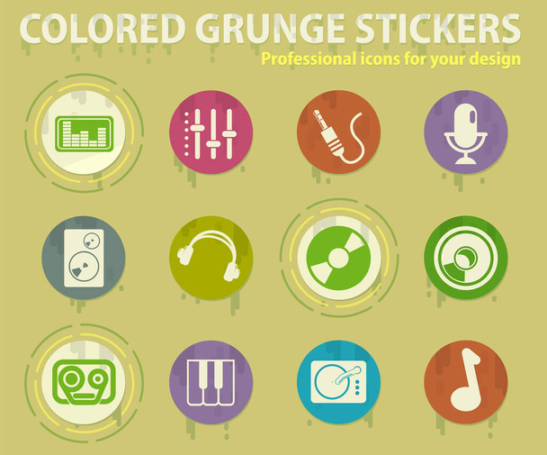 Icônes grunge colorées audio et musique avec colle sueurs pour applications web et mobiles design - Vecteur, image