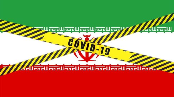 COVID-19 figyelmeztető szalag, fekete-sárga szalag az IRANIAN FLAG illusztrációján, Coronavirus veszélyes terület, Irán elszigetelése, karantén alá helyezett ország. - Fotó, kép